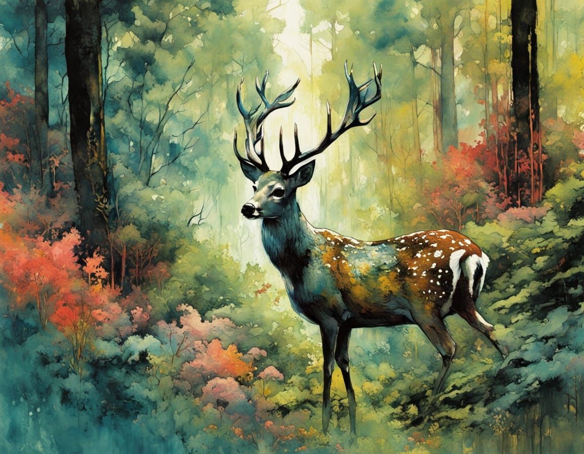 Vibrant Deer in Lush Forest, Grunge Art Style