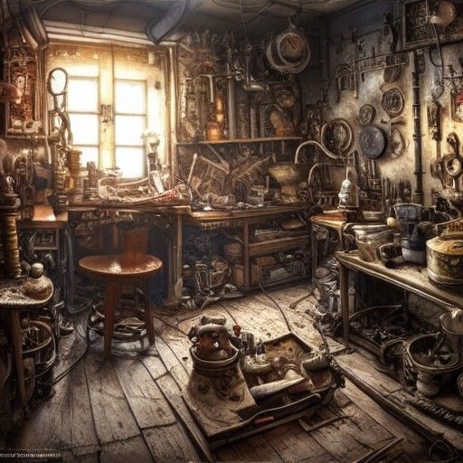 Sinister Steampunk Tinkerer's Workshop in High Resolution
