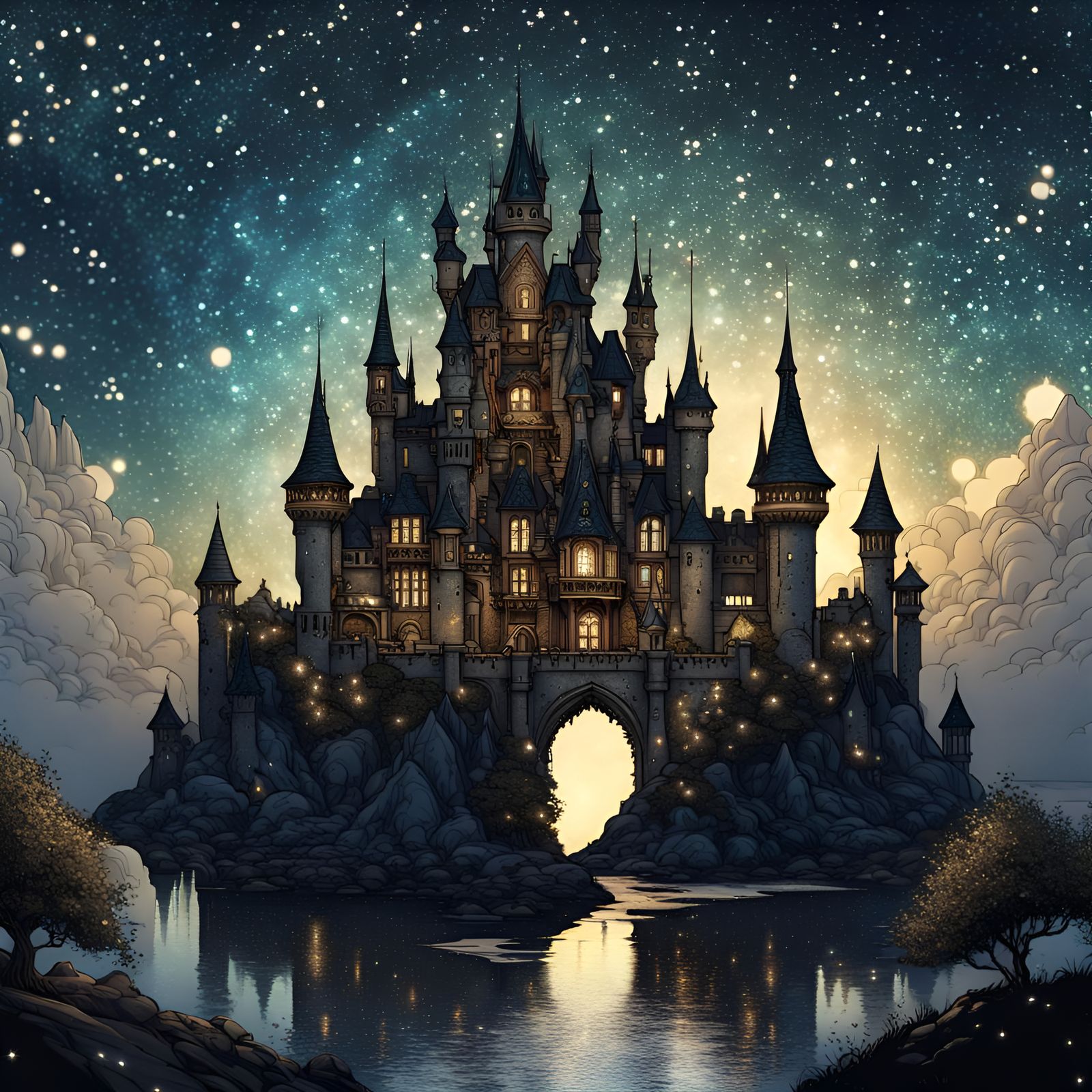 Intricate fantasy castle, starry night