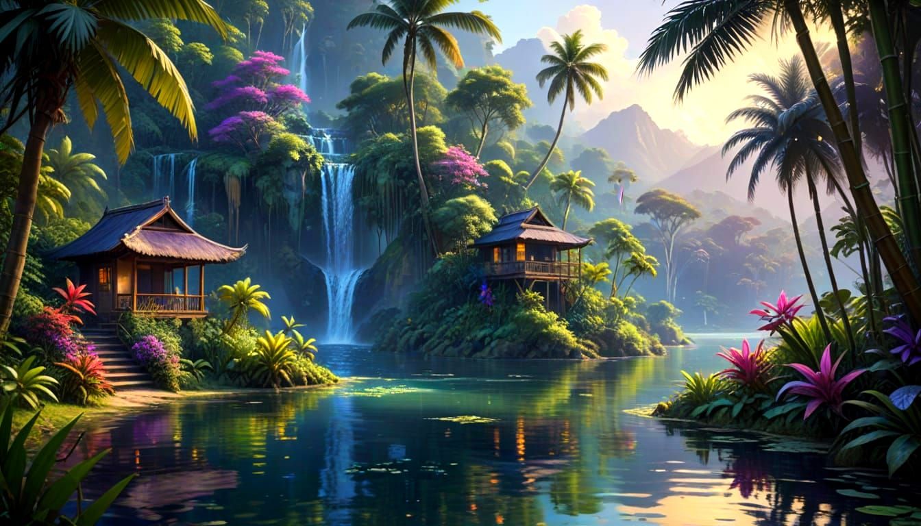 Peaceful Jungle Waterfalls Flow Into Serene Blue Lake