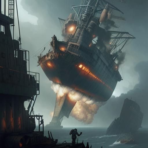 Damaged Cargo Ship Escapes in Grimdark Comic Art