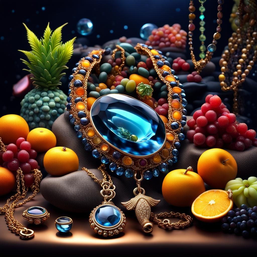 Glowing Aquarium Still Life with Jewels and Fruit