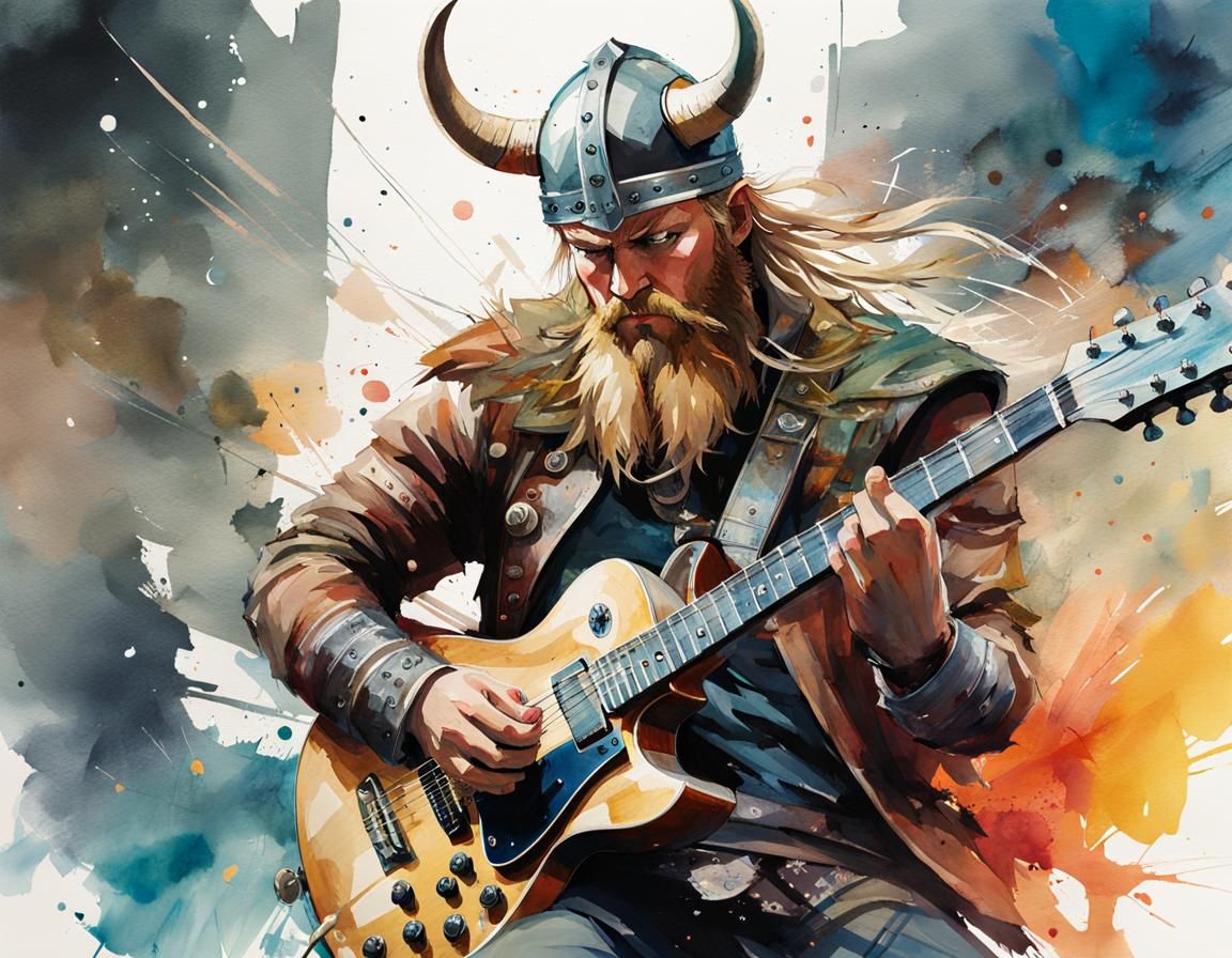 Rockstar Viking Guitarist in Watercolor Manga Landscape