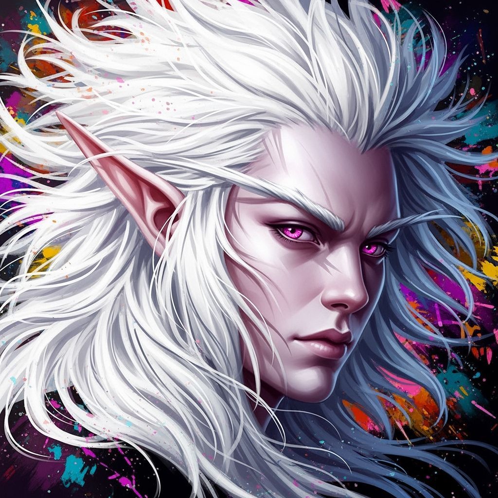 Albino Elf Portrait With Pink Eyes and Wild Hair Splash Art