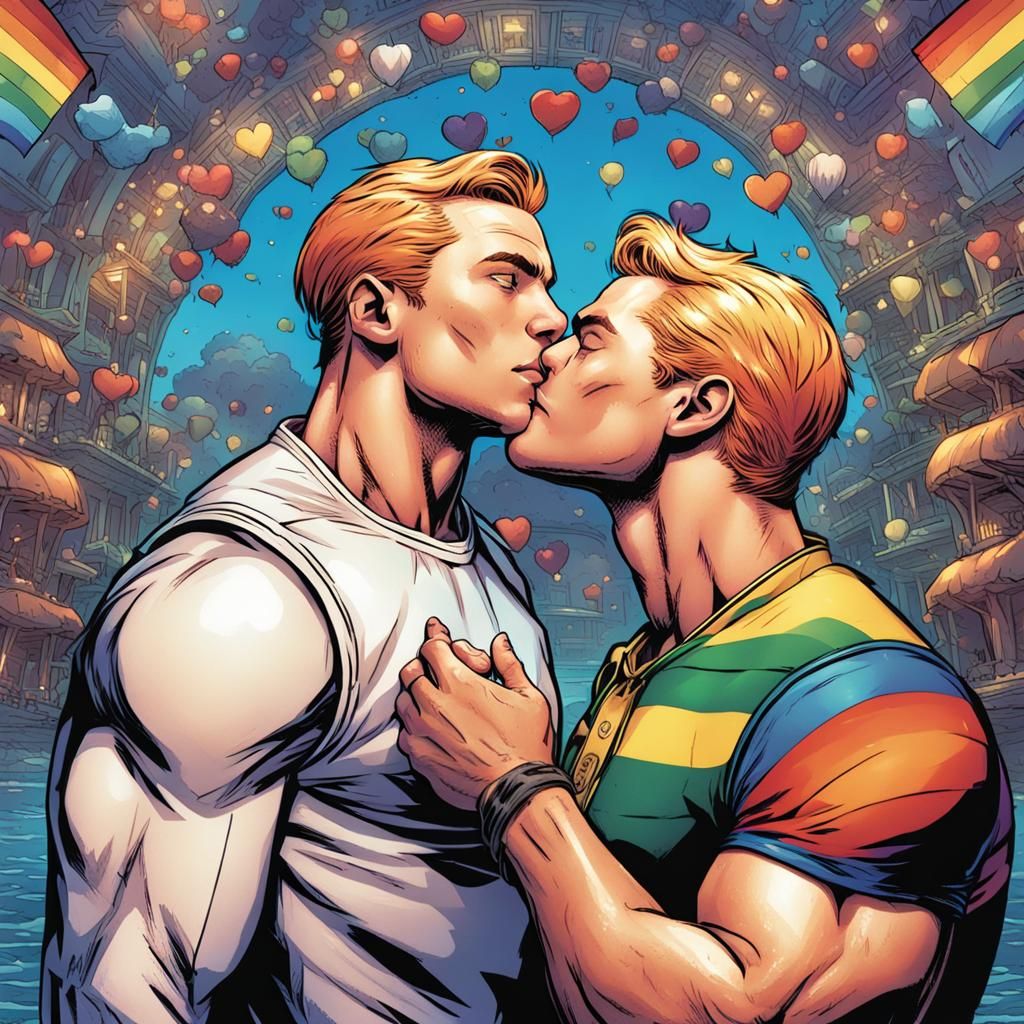 Gay Couple Kissing in Pride Suits: Comic Book Art