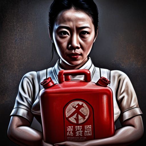 Chinese Propaganda Poster of Woman with Gas Can