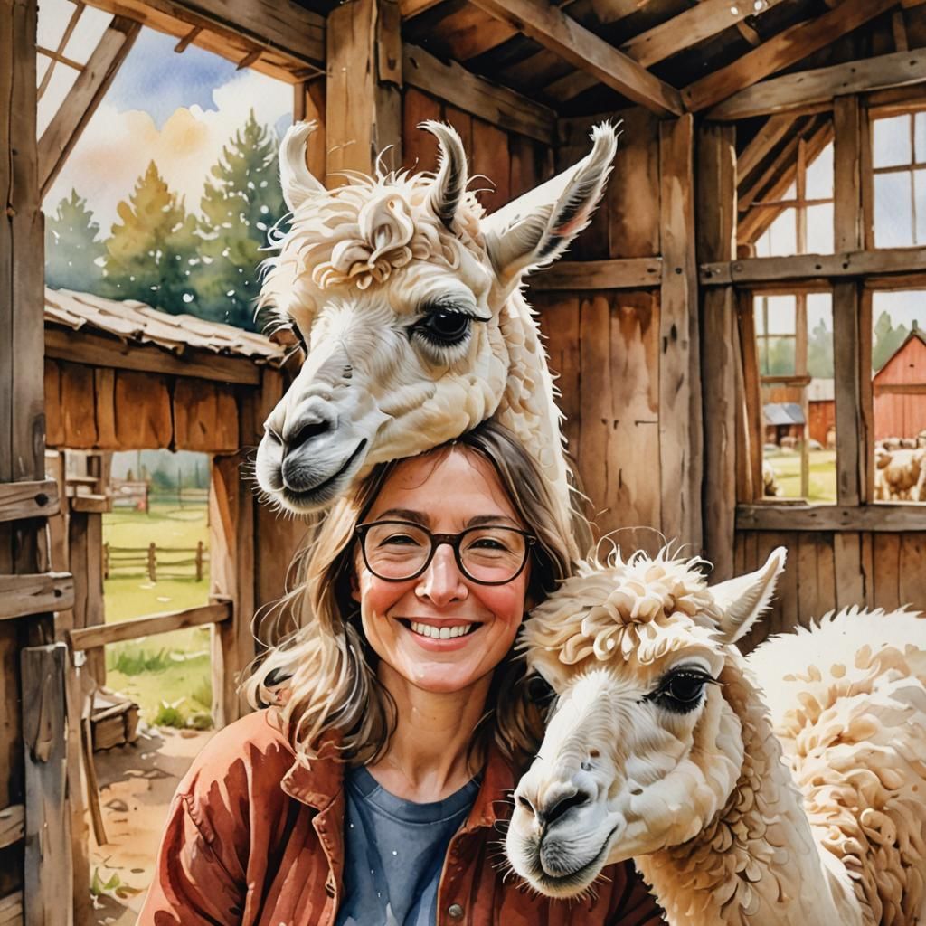 Woman and Llama Portrait in Watercolor Style