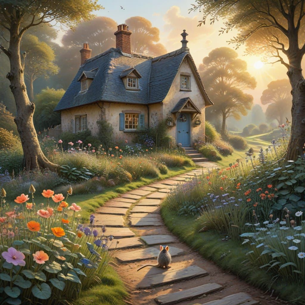 Whimsical Watercolor Scene of a Mouse Collecting Dew Under a...