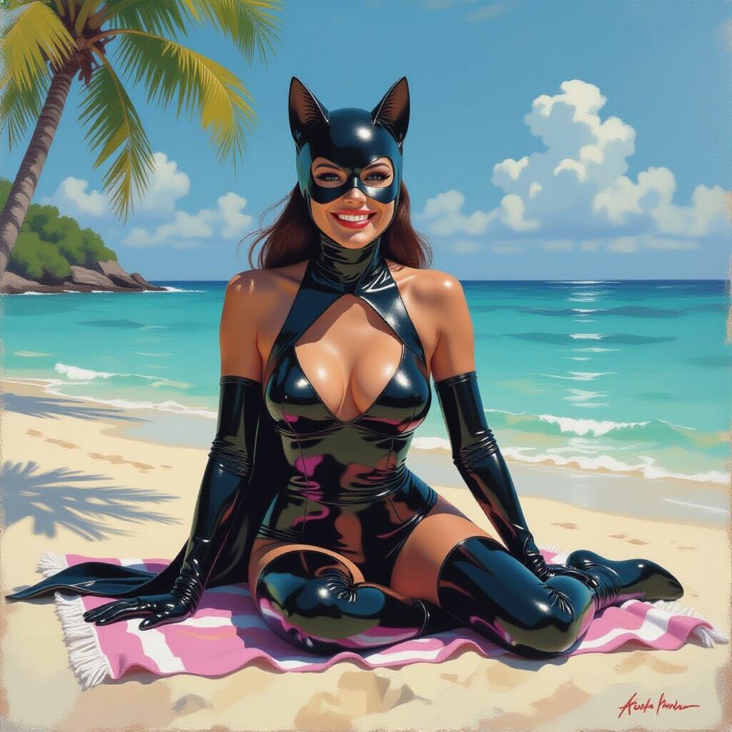 Catwoman on Tropical Beach as Impressionistic Oil Painting