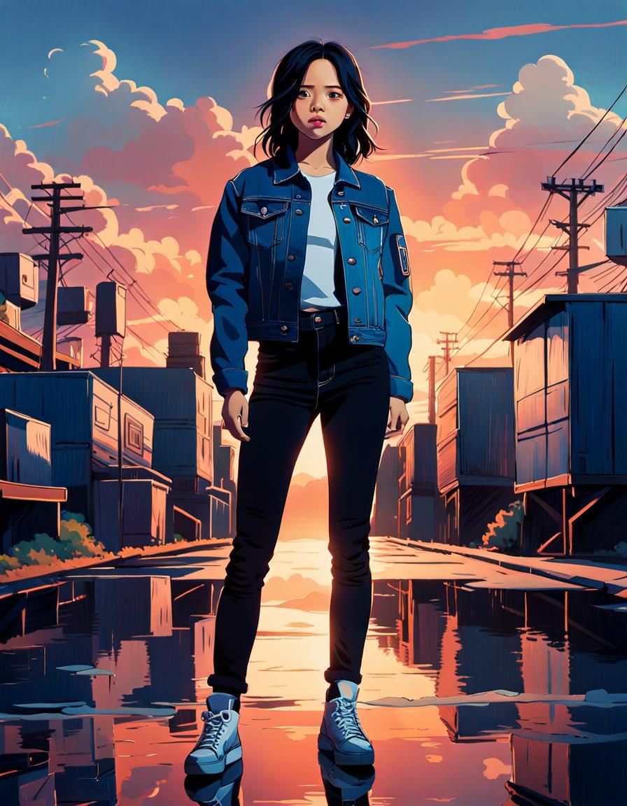 Anime girl looks heroically into the camera