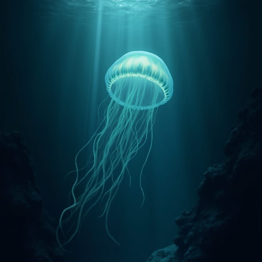 Bioluminescent Jellyfish in Mysterious Deep Sea Digital Pain...
