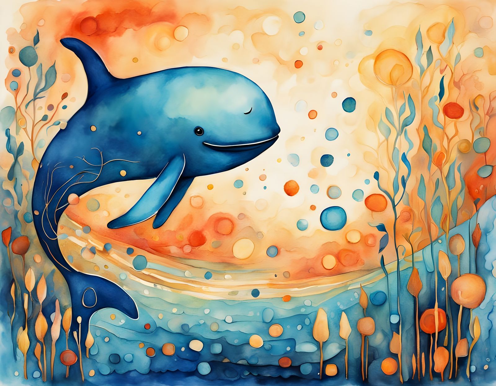Whimsical Whale in Vibrant Watercolor