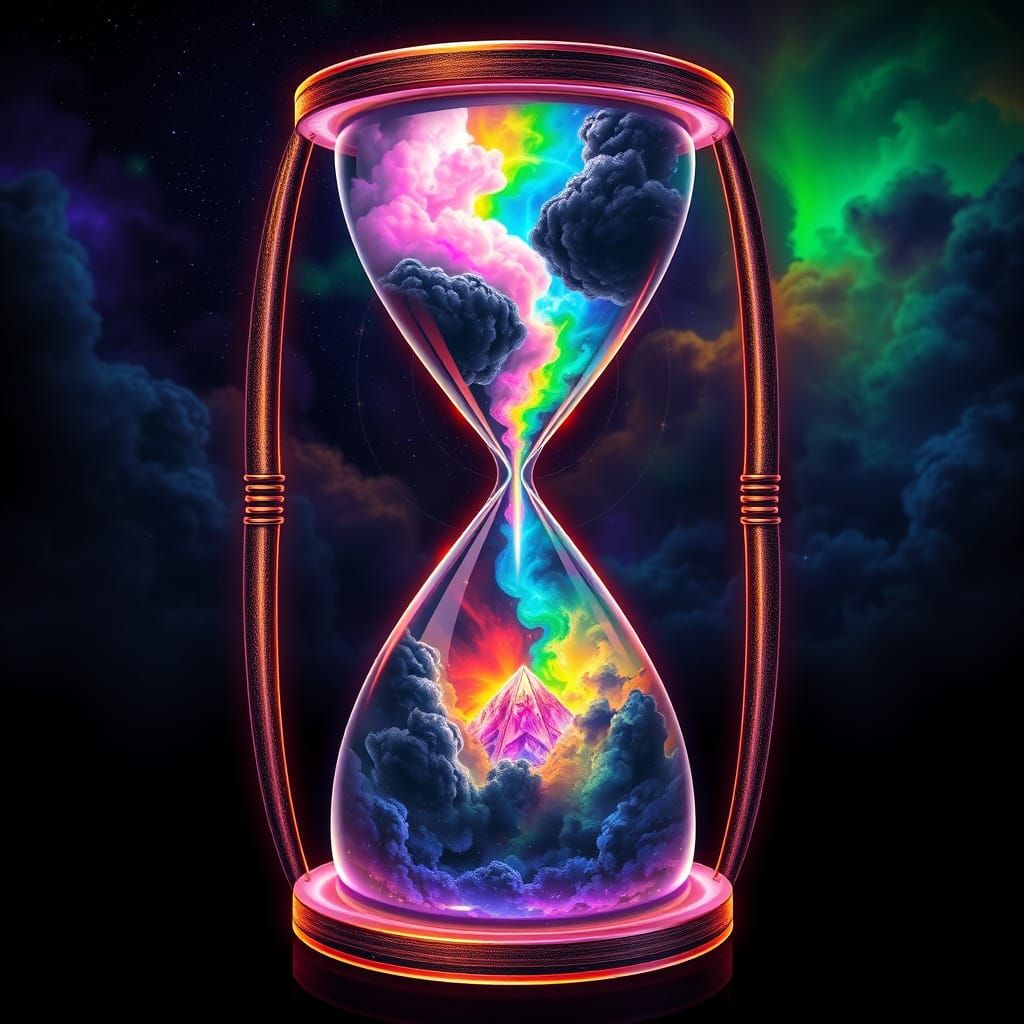 Glowing Hourglass Pyramids with Swirling Clouds and Magic