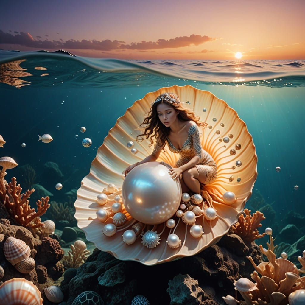 Surreal Underwater Scene of Pearl and Shell Creature in Epic...