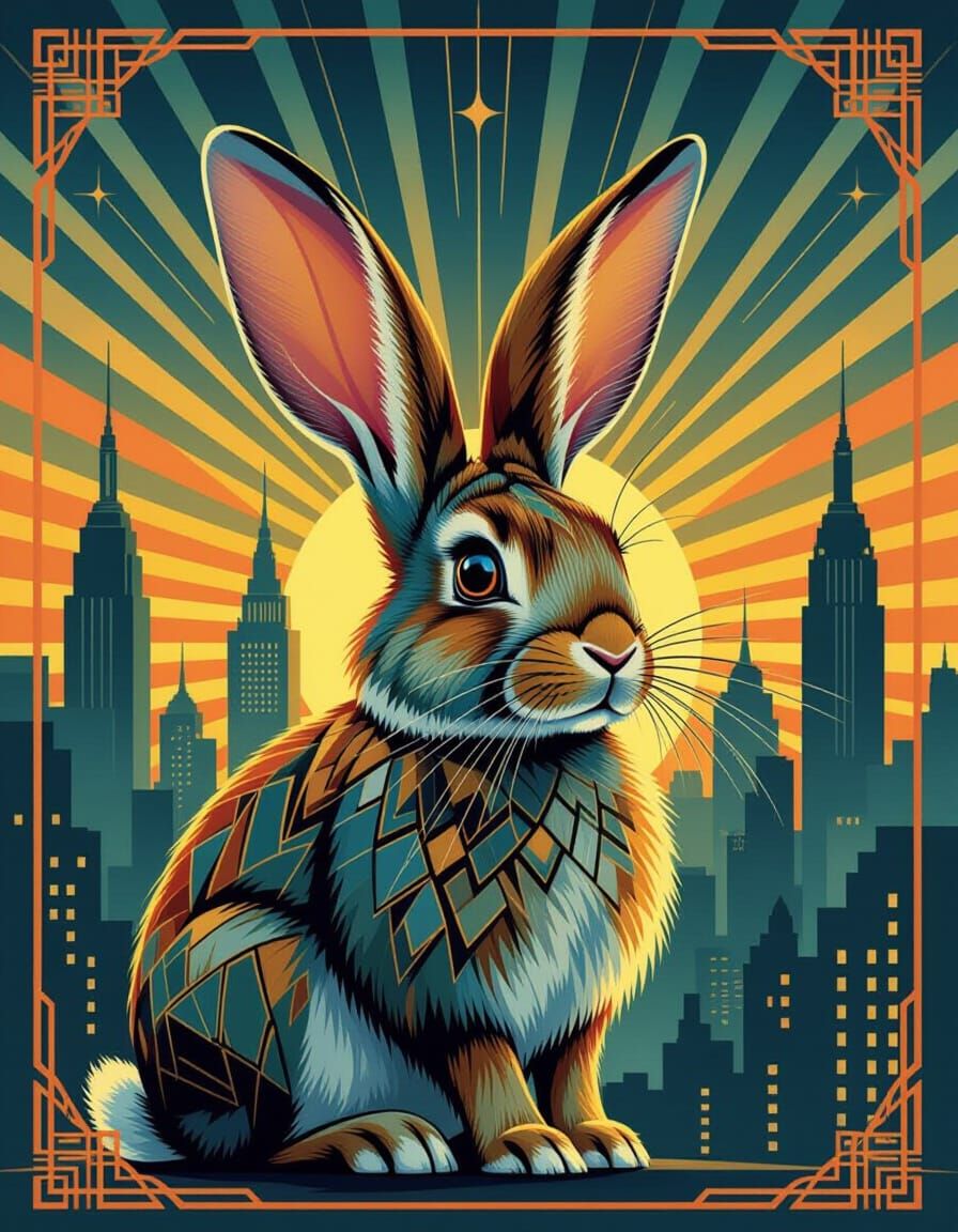 Art Deco Rabbit Portrait in Jewel Tones