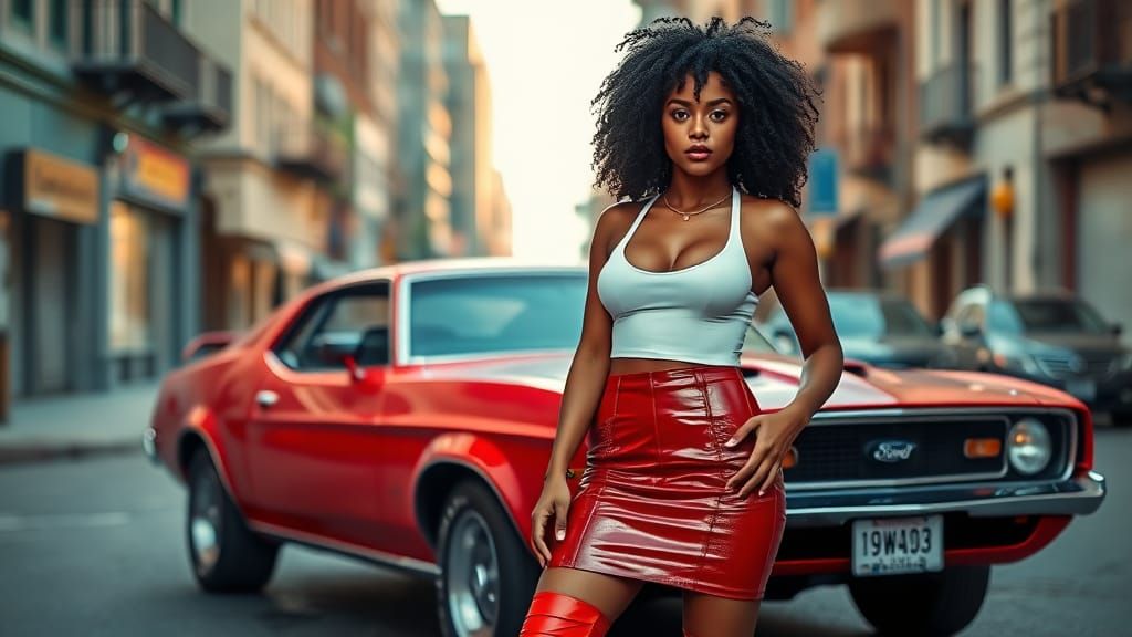 1970s Woman in Leather Skirt by Red Mustang