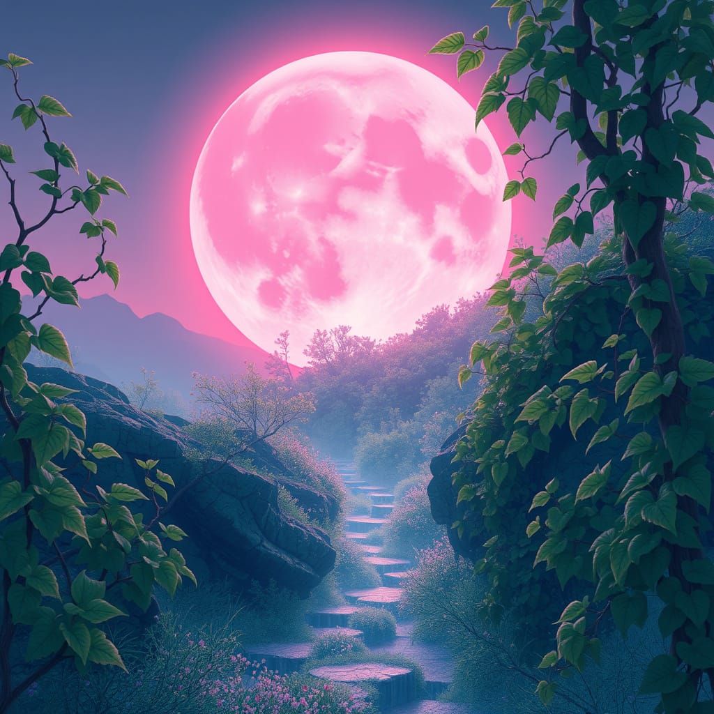 Lush Vines Encircle a Glowing Pink Moon