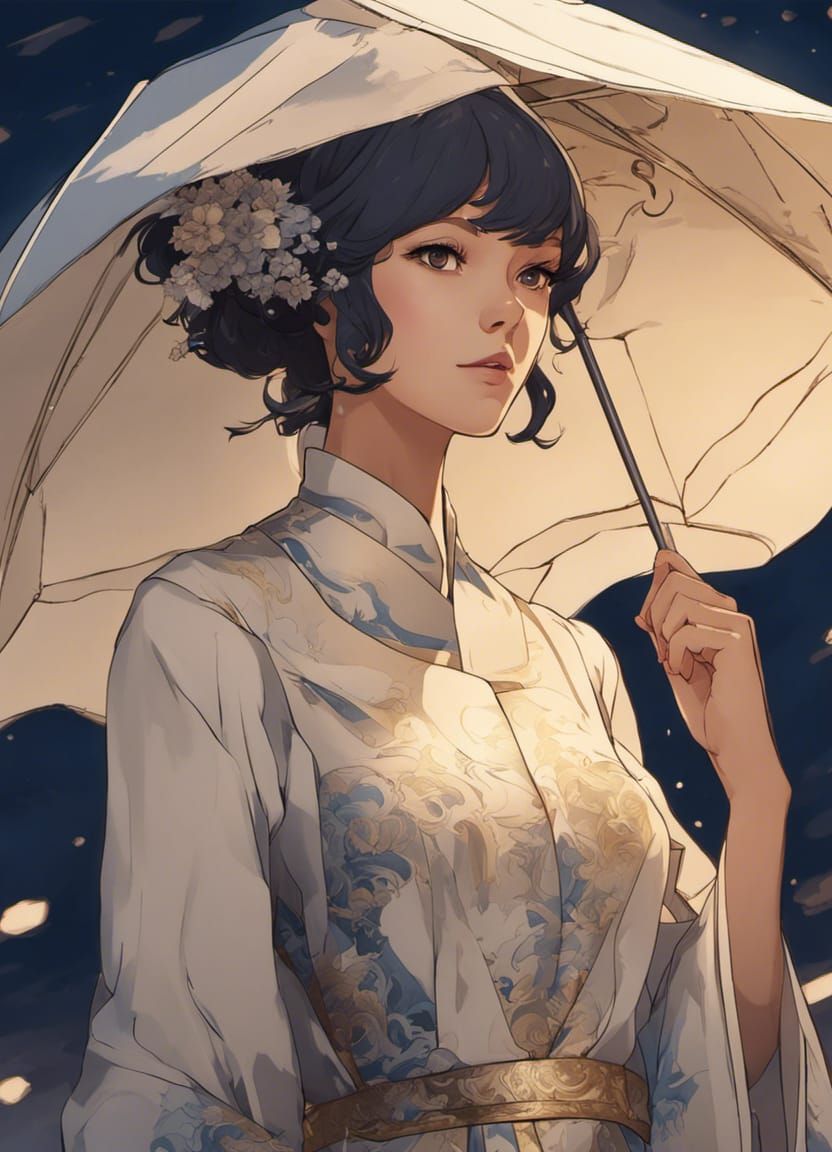 Anime Woman in Beige and Indigo Dress