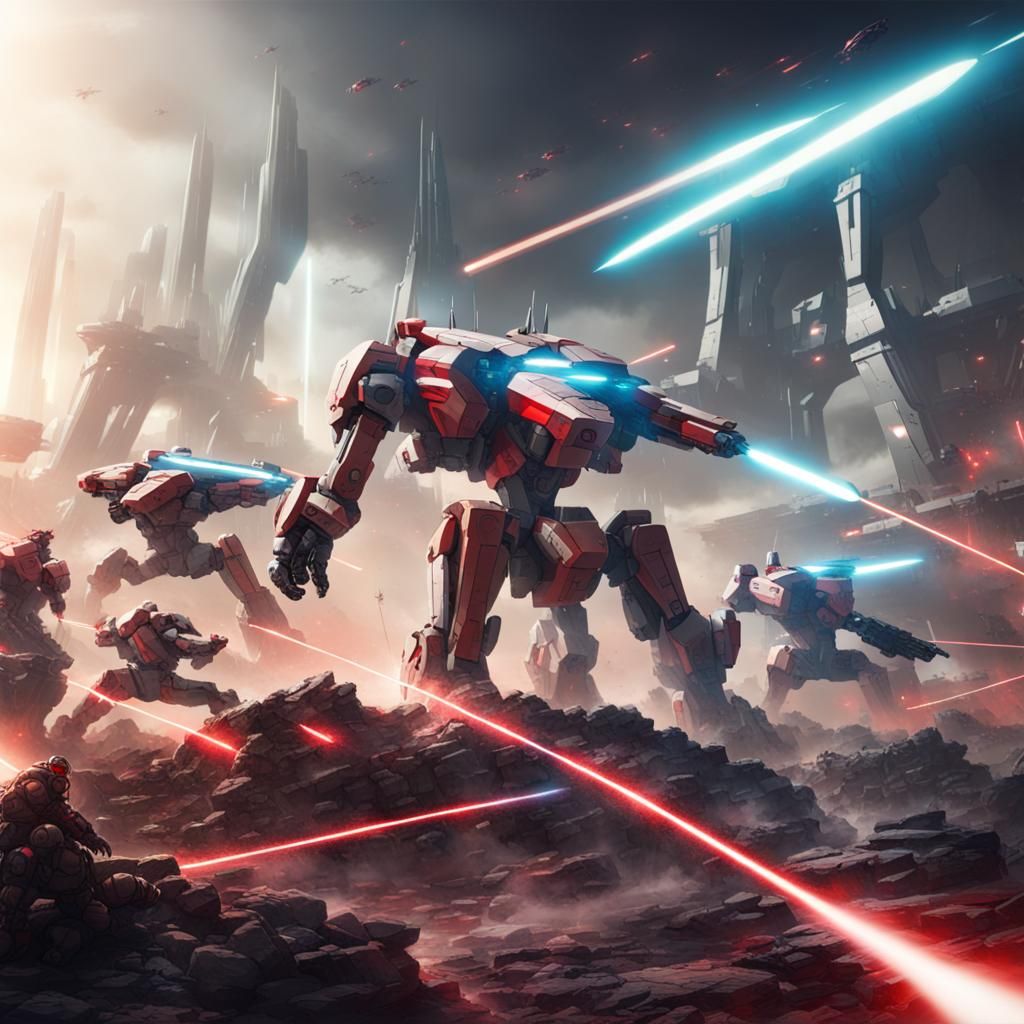 Futuristic Battle Scene with Red Lasers and Mechs