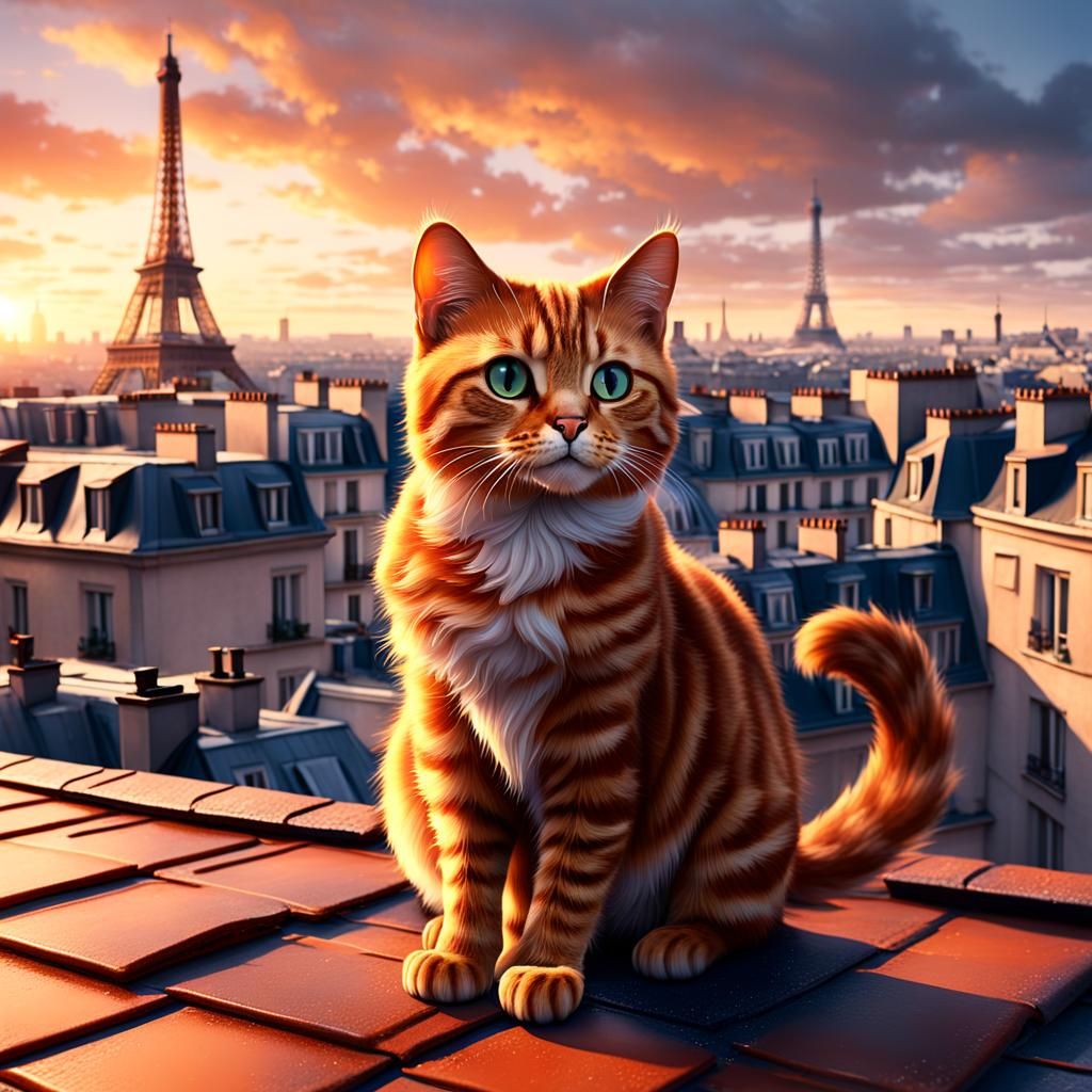Cat on Paris Rooftop at Dawn: Fantasy Art