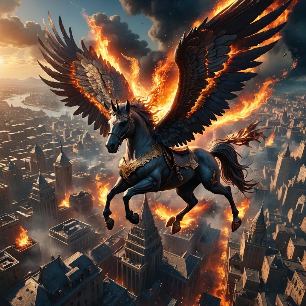 Fiery Pegasus Unicorn Over Burning City
