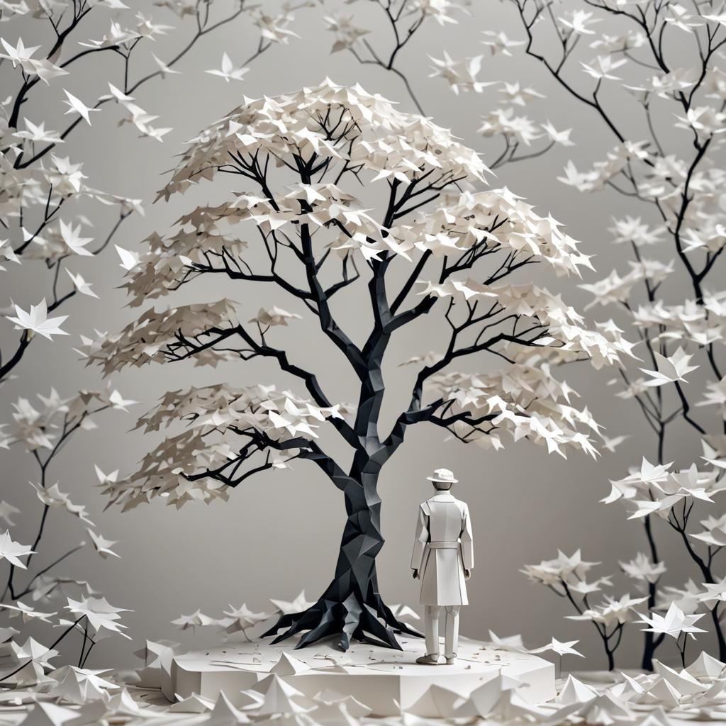 Solitary Figure in White Paper Bonsai Forest