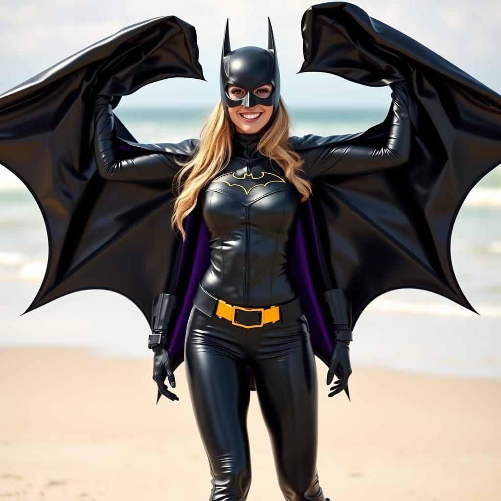Batgirl in Flowing Black Latex Cape