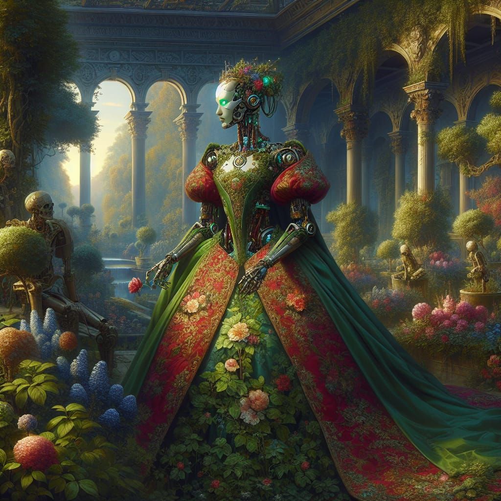 16th century cyborg in a garden