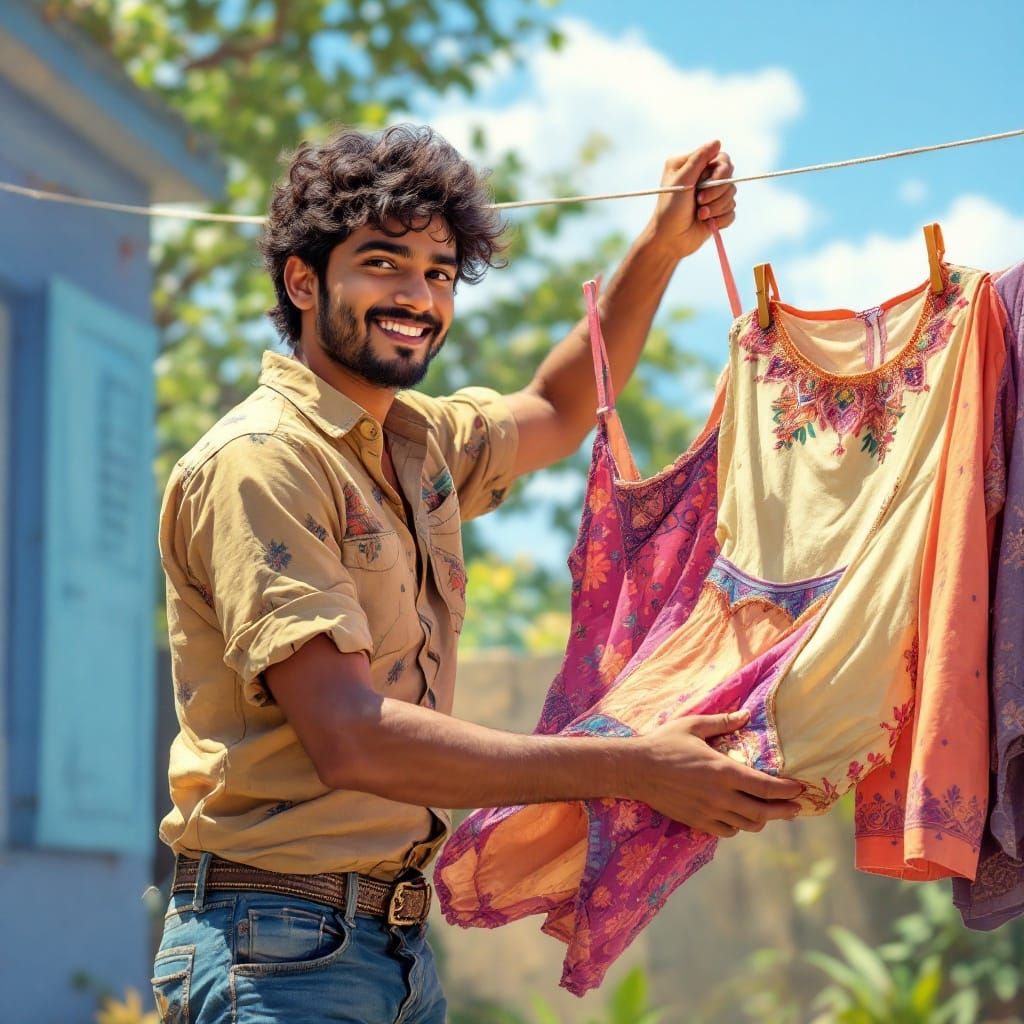 Indian Boy Drying Clothes in Serene Backyard