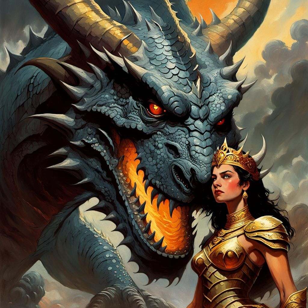 Majestic Dragon in Regal Splendor, Close-Up, Oil Painting St...