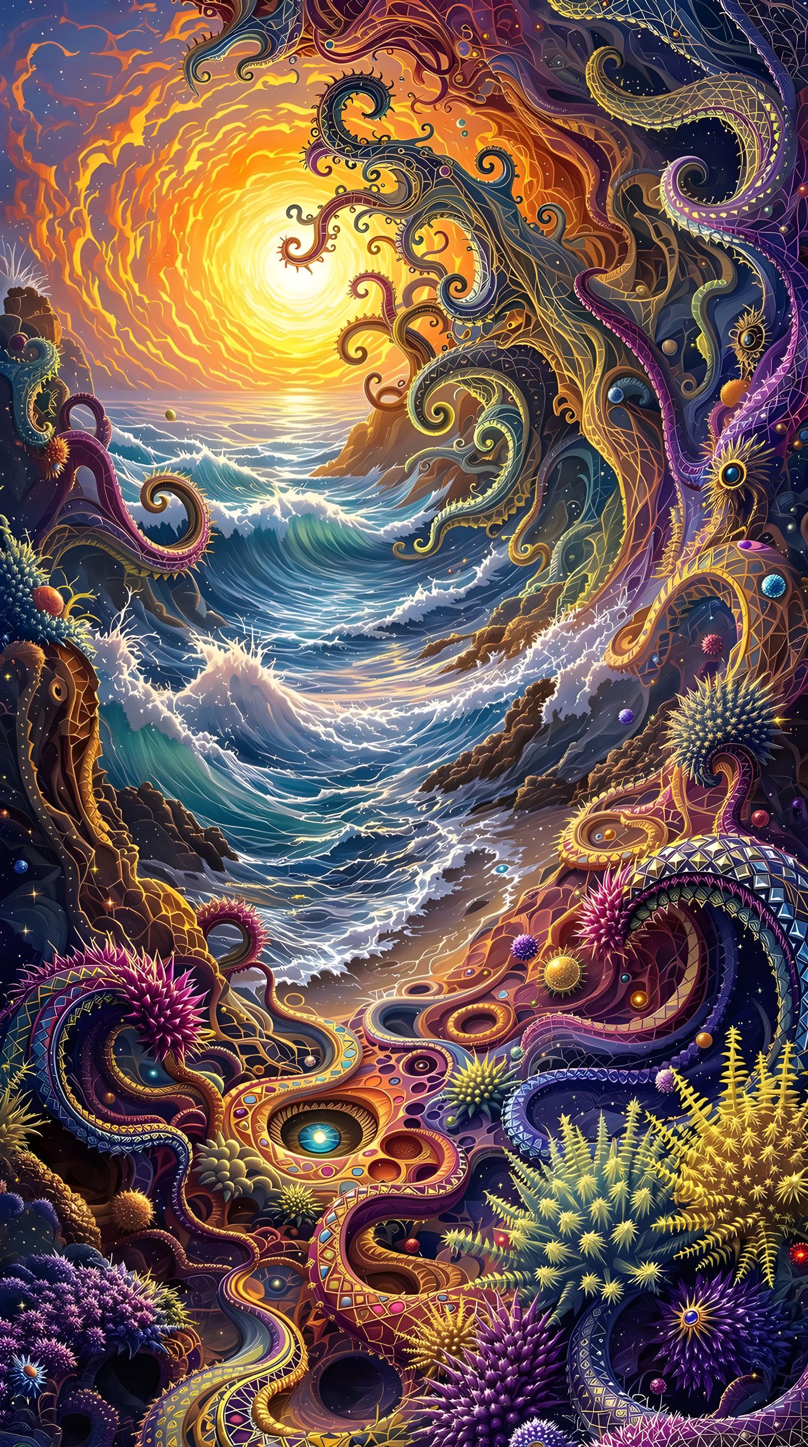 Psychedelic Sunrise with Fractal Paisley Patterns
