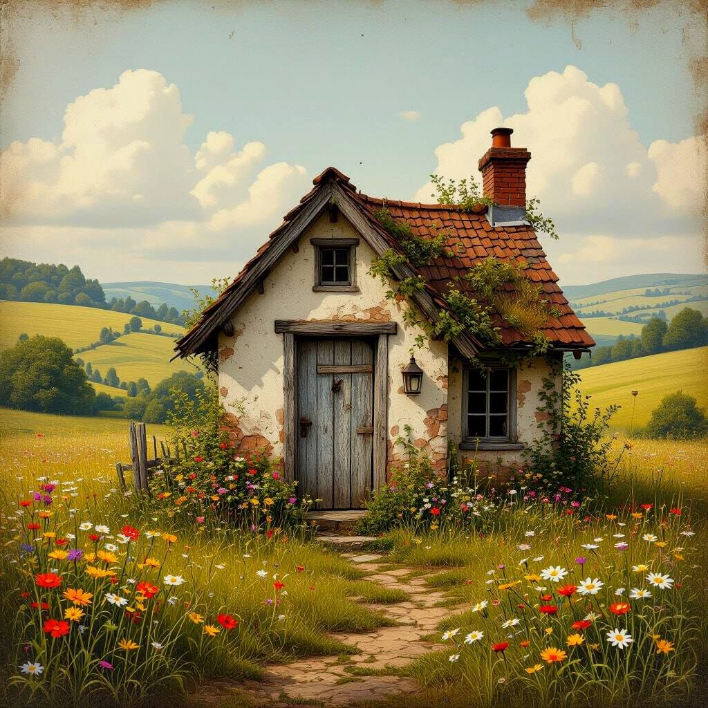 Rustic Cottage in 3D Parchment Decoupage Collage