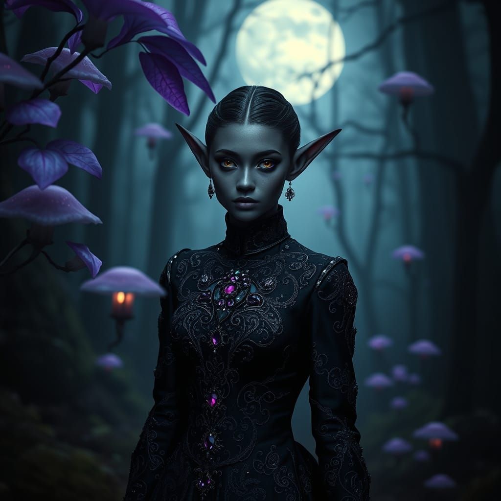 Mystical Elf Maiden in Victorian Gown with Moonlit Forest