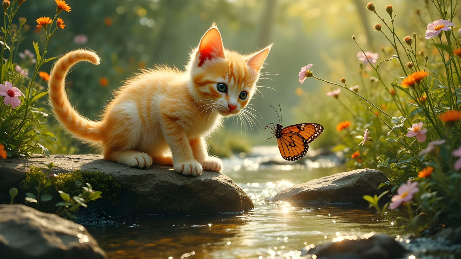 Kitten Pounces on Moth in Sunlit Garden