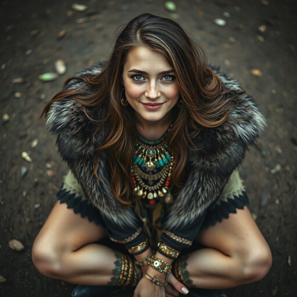 Tribal Shaman Woman with Green Eyes in Realistic Style