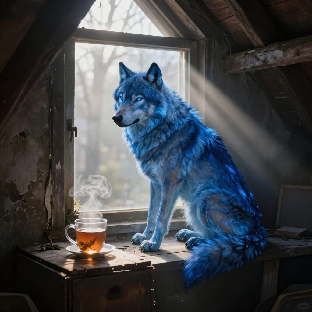 Spectral Blue Wolf in Sunlit Abandoned Attic