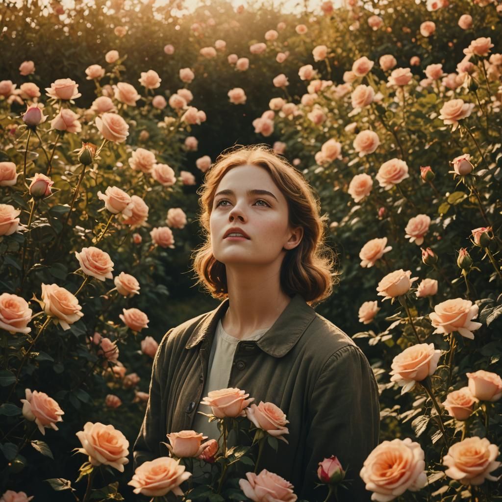 Woman in Rose Field: Cinematic Film Still