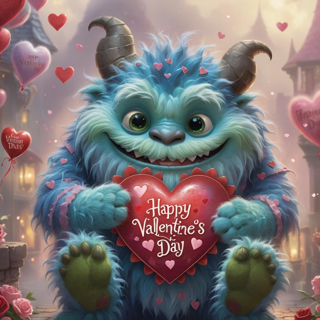 Fluffy Monster Wishes Happy Valentine's Day