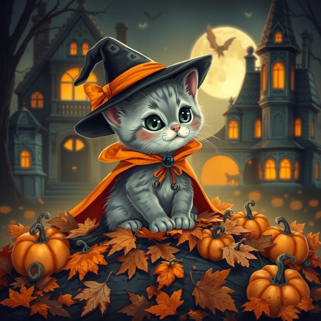 Halloween Kitten in Whimsical Vintage Style