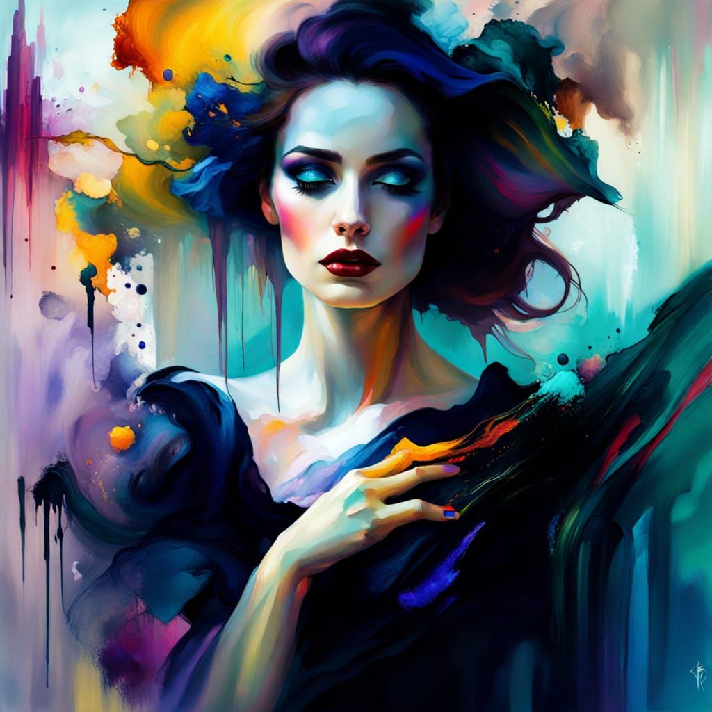 Goth Woman in Vibrant Surrealist Dreamscape