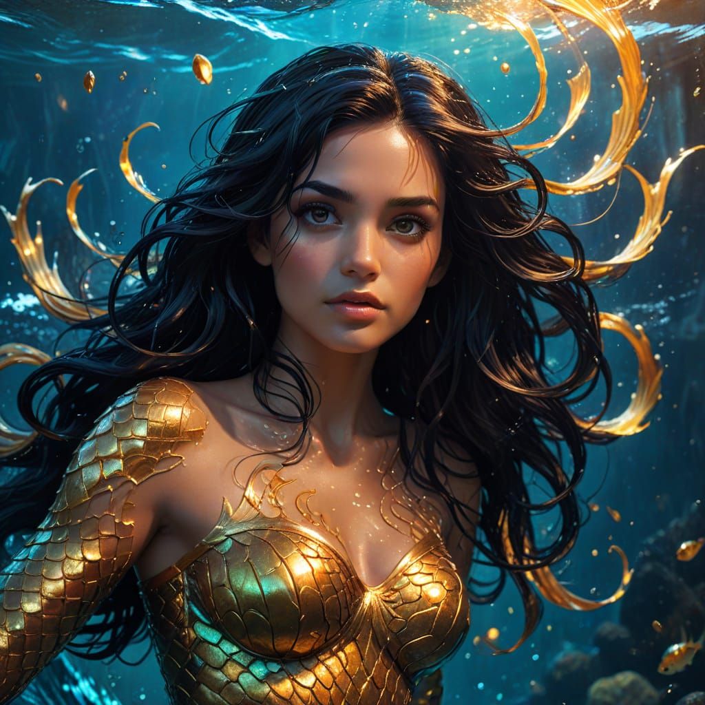 Underwater Mermaid with Shimmering Scales, Comic Book Art