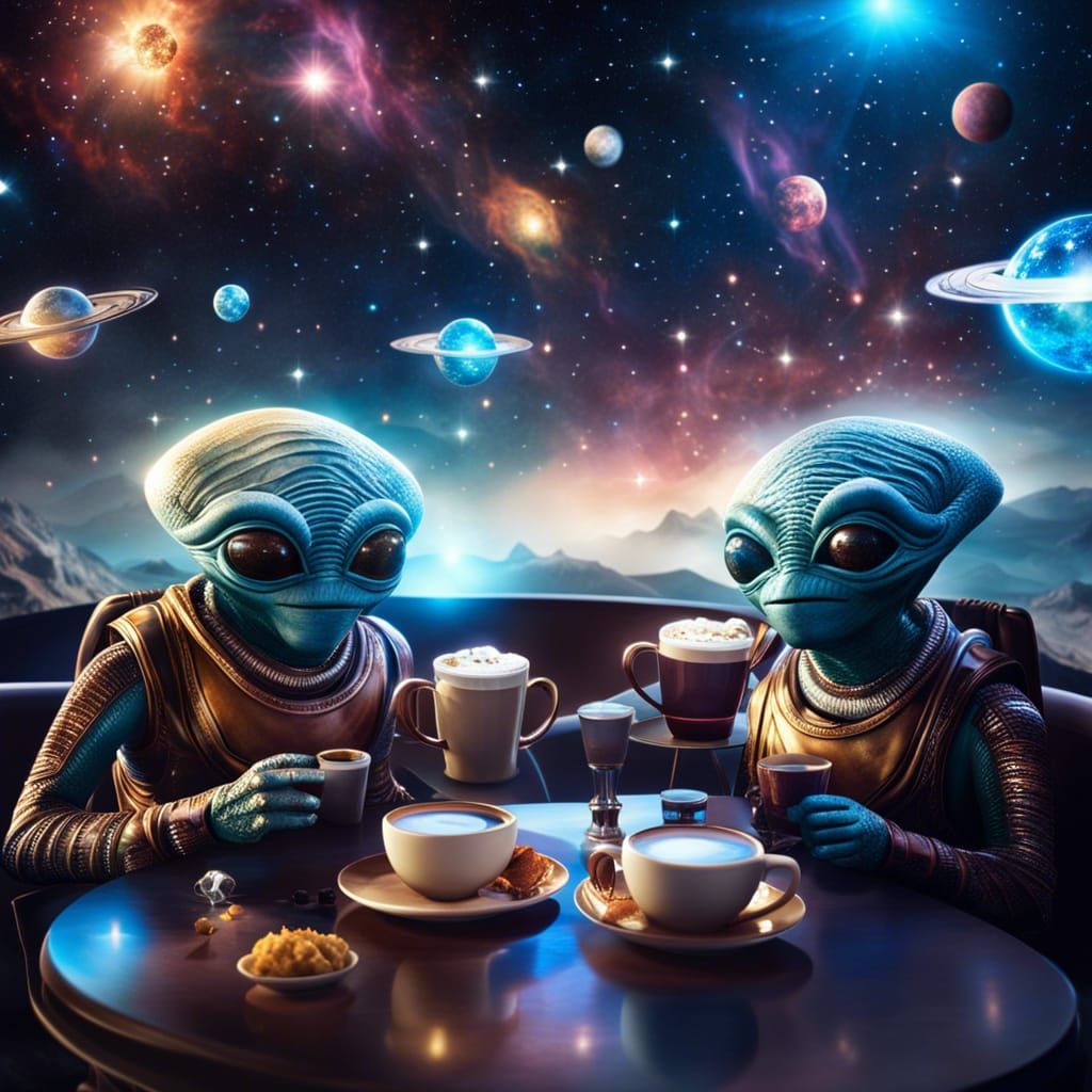 Ugly Aliens Enjoying Coffee in a Space Coffee Shop