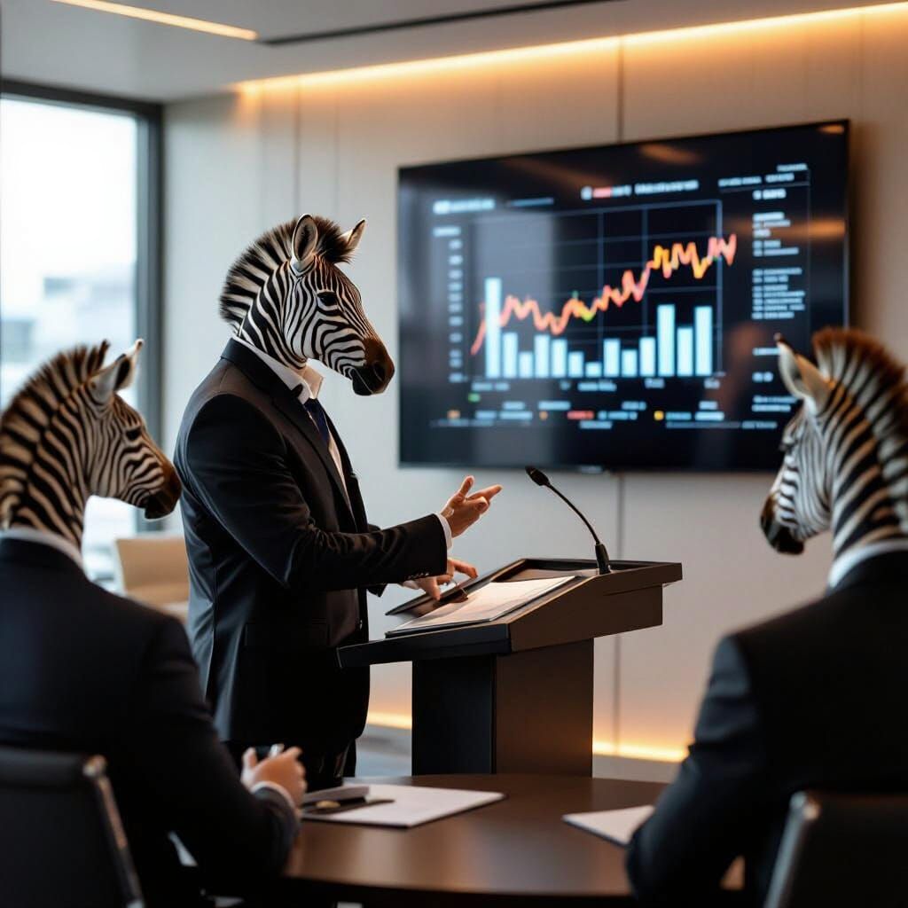 Zebras in Business Suits in Modern Meeting Room