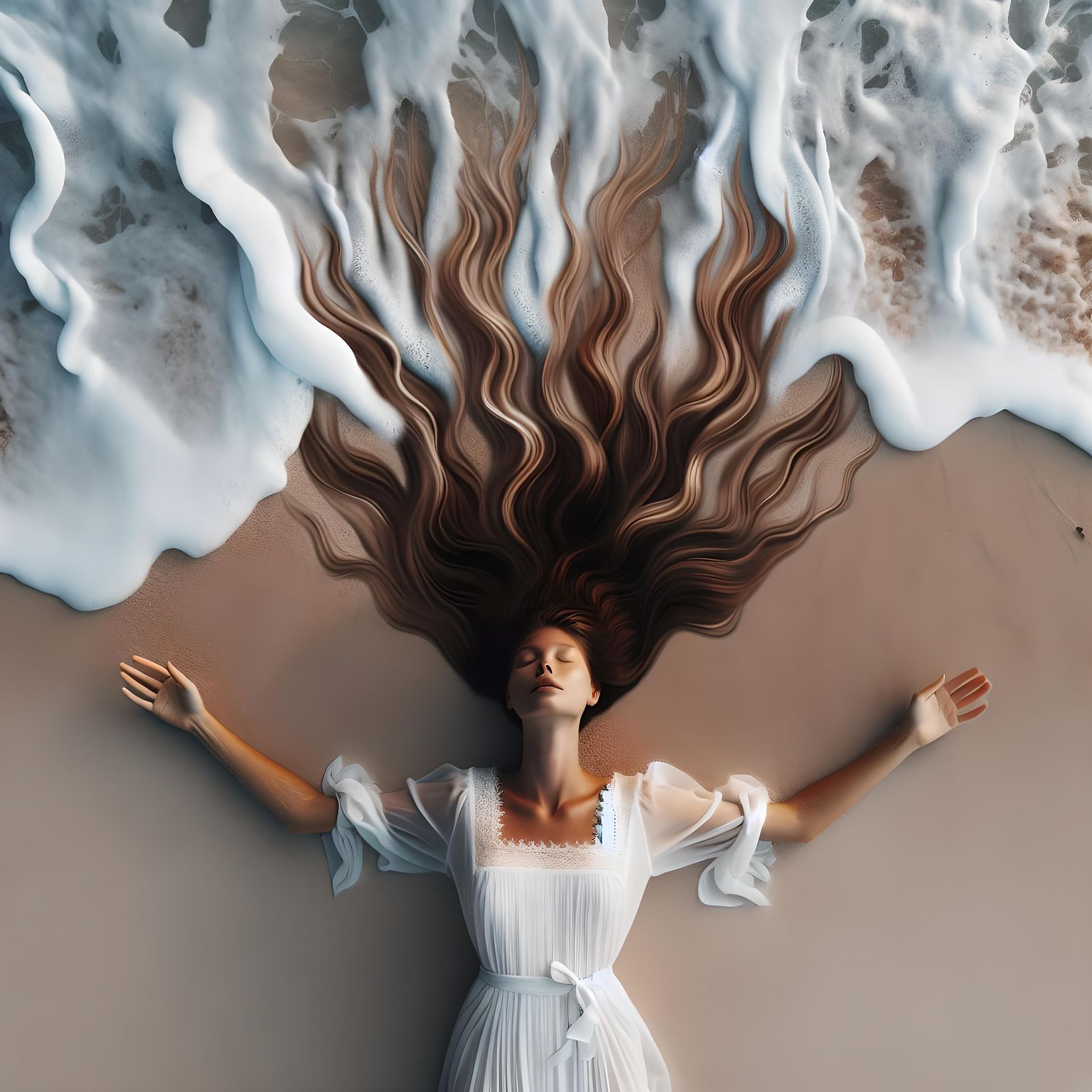 Surreal Beach Scene: Woman Embraced by Ocean Waves