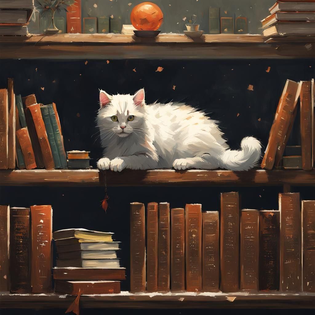 Adorable Cat on Bookshelf in Realist Style
