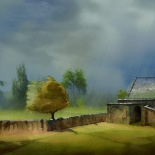 Rainy Churchyard in Gouache Impressionist Style