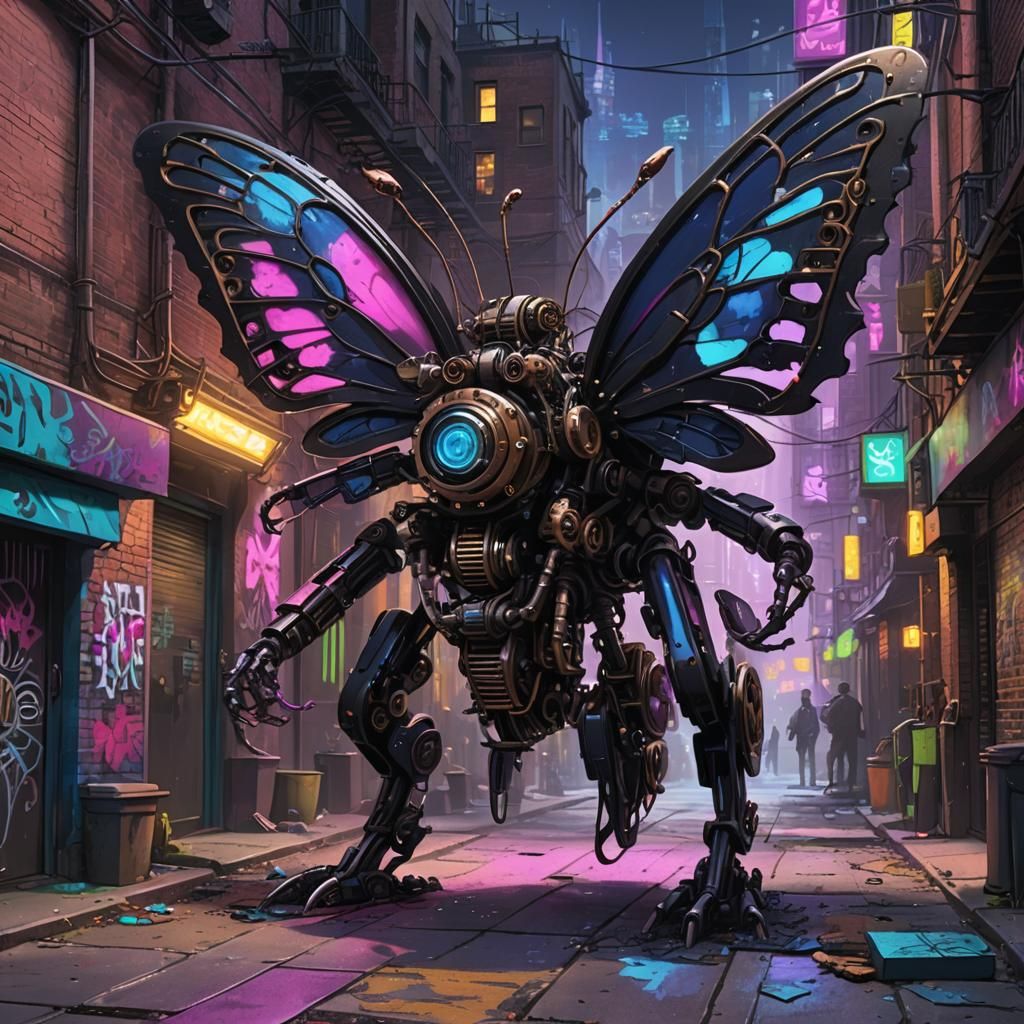 Mechanical Butterfly Graffiti in Steampunk Sci-Fi Style