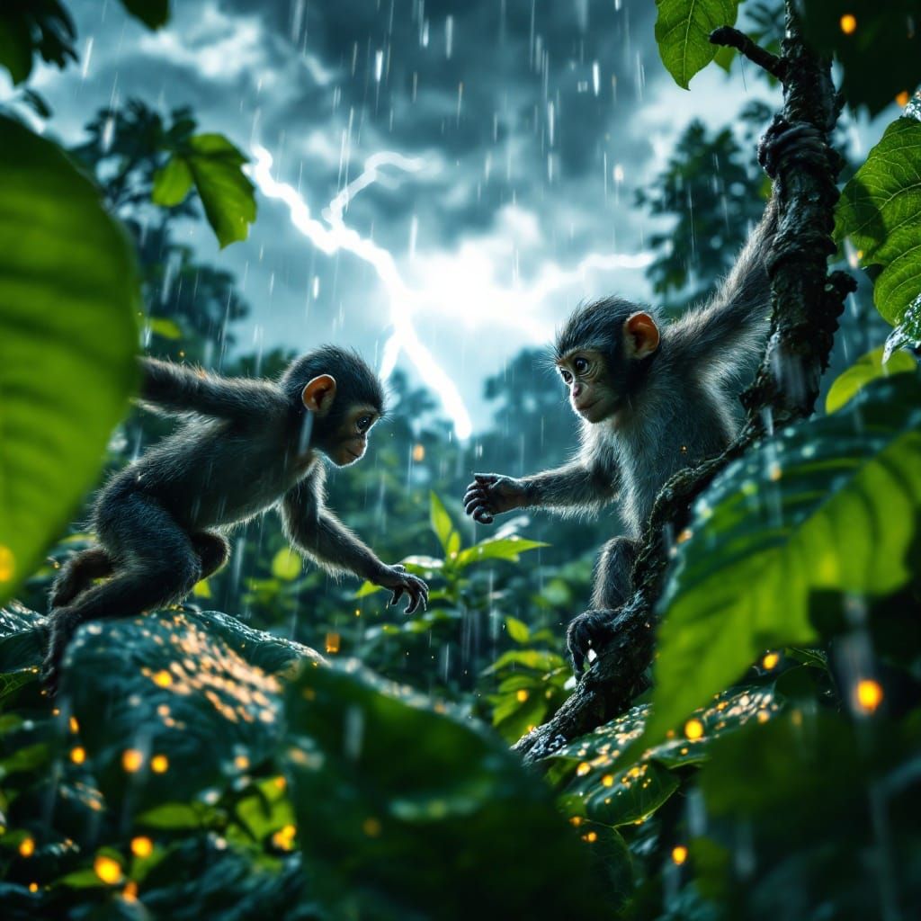 Vibrant Rainforest Scene in Turbulent Storm