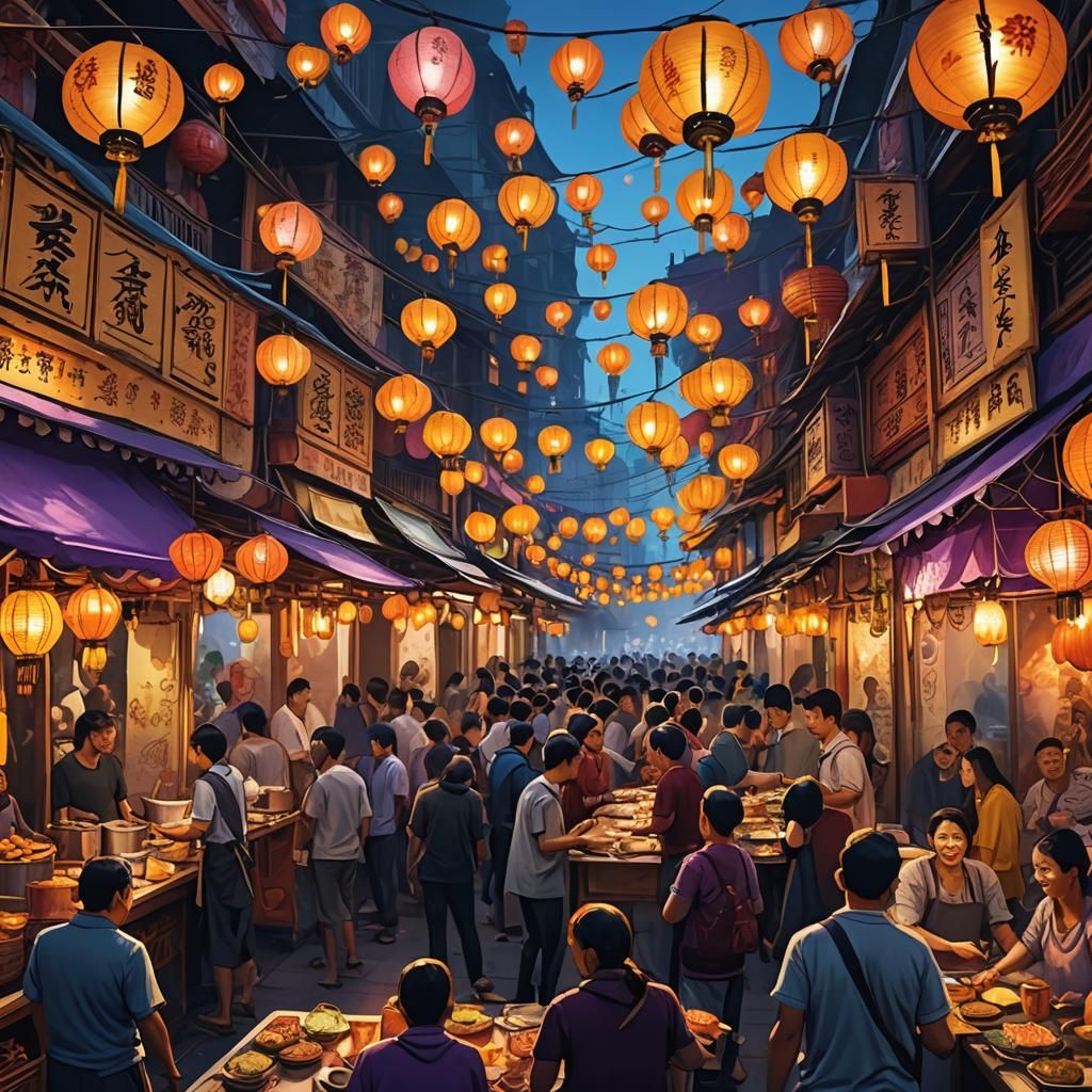 Vibrant Night Market Scene Under Colorful Lanterns
