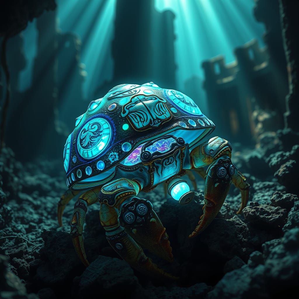Bioluminescent Hermit Crab Exploring Sunken City Ruins